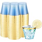 LUODA 150 PCS Blue Plastic Cups,9oz Clear Disposable Cups with Gold Rim, Old Fashioned Tumblers Gold Rimmed Plastic Cups for Any occasion: Weddings, Parties, Business Events