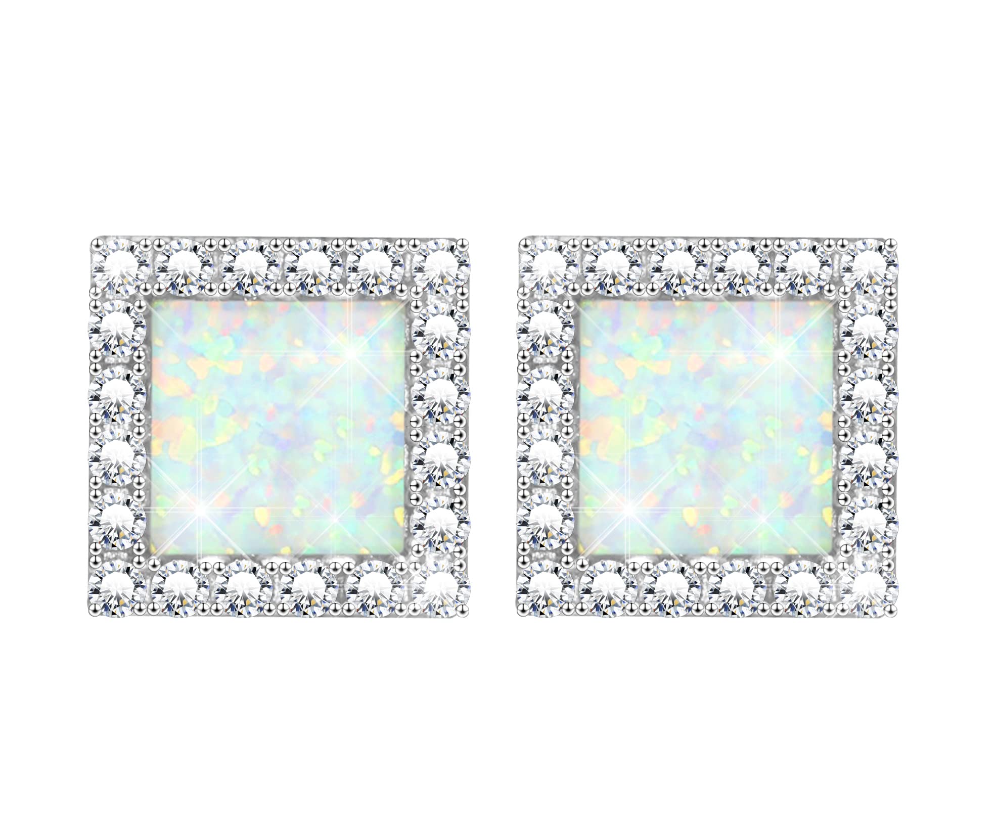 KristLand Square Stud Earrings Silver 925 Sterling Silver Opal Earrings Gold Plated Earring with Cubic Zirconia Gift for Woman Ladies Girls