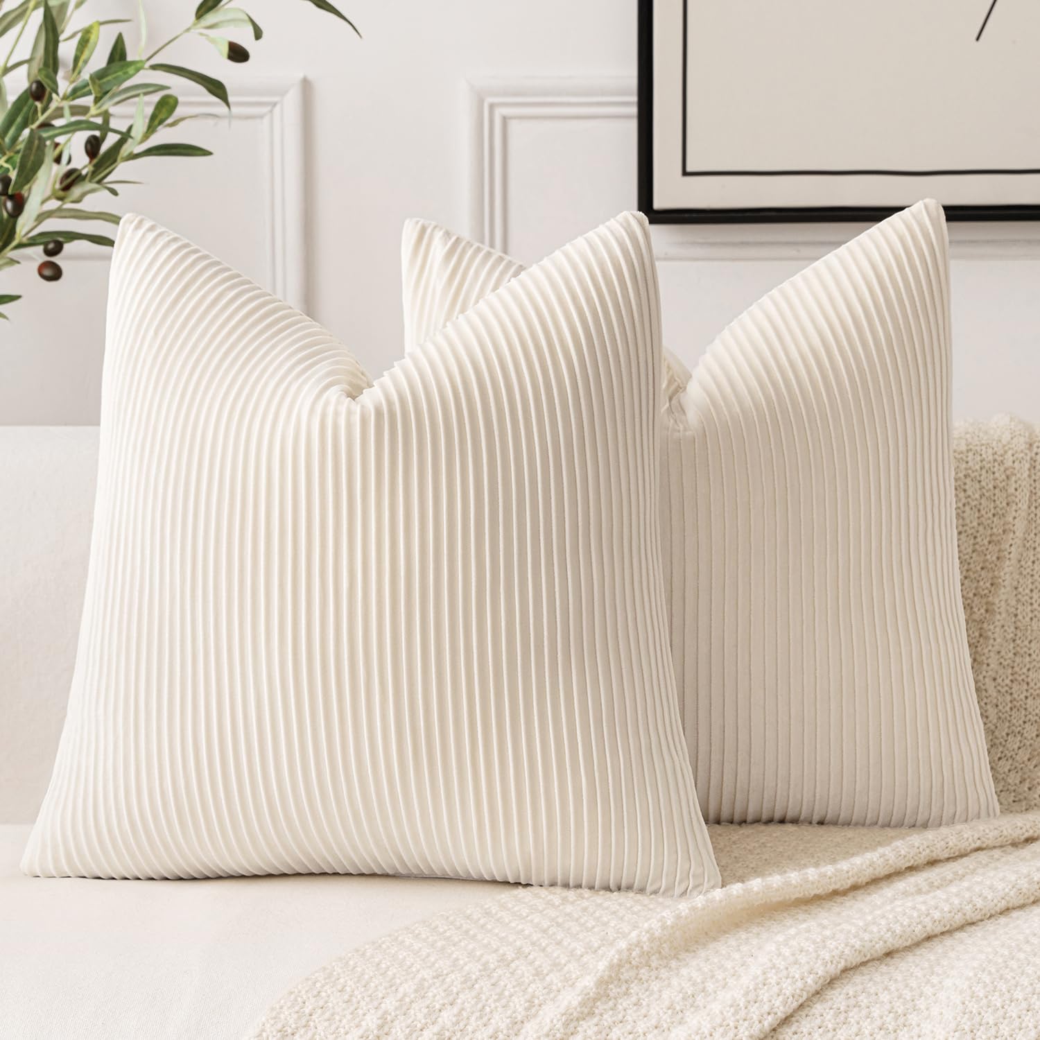 Photo 1 of EMEMA Set of 2 Decorative Striped Velvet Throw Pillow Covers Square Soft Accent Couch Cushion Case Boho Farmhouse Pillowcase for Home Decor Sofa Bed Living Room 20×20 Inch White