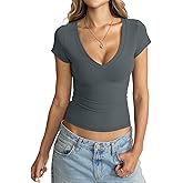 EasyGala Womens Deep V Neck Short Sleeve Shirts Sexy Slim Fit Crop Tops Basic Tees Going Out Summer Outfits