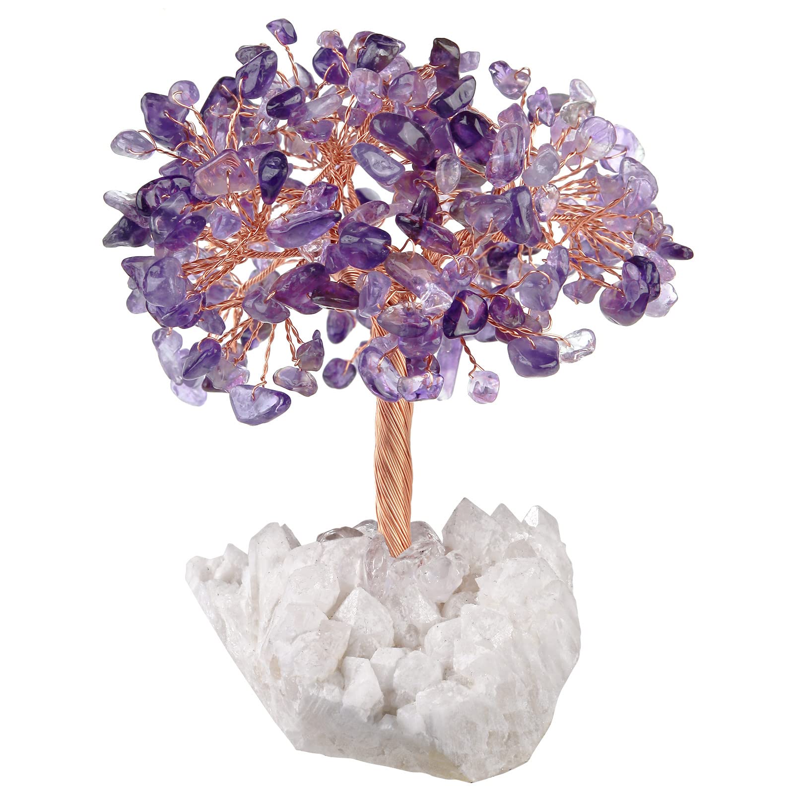 mookaitedecor Natural Purple Amethyst Crystal Tree of Life Ornament for Home, Reiki Healing Crystal Money Tree Stone Bonsai Tree with Clear Quartz Base Feng Shui Ornament Gift for Wealth Good Luck