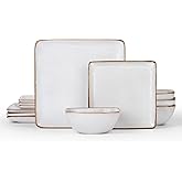E-far Square Plates and Bowls Sets, 12-Piece Stoneware Dinnerware Sets for 4, Reactive Glaze Dish Set, Chip and Scratch Resistant, Microwave and Dishwasher Safe, Seashell White