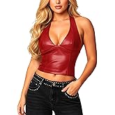 Navneet Women Sexy PU Leather Halter Crop Top Deep V Neck Backless Going Out Tank Top