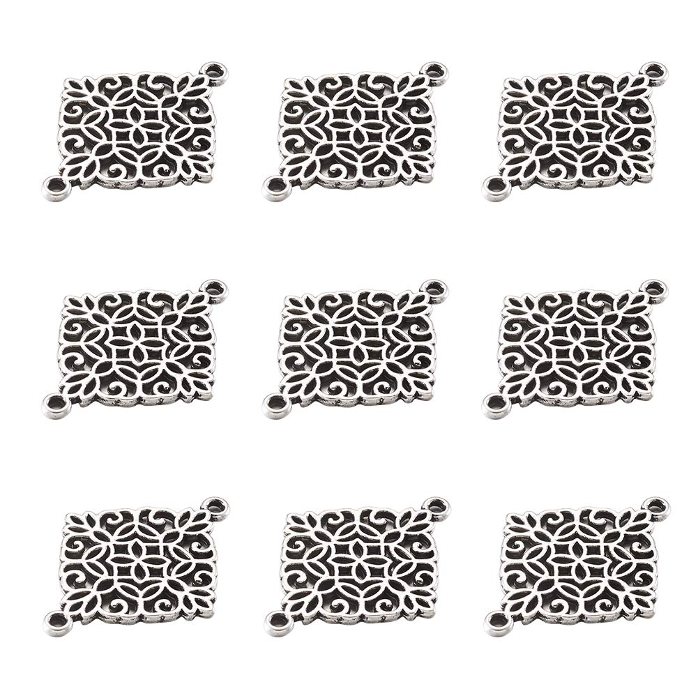 PandaHall 50pcs Antique Silver Hollow Rhombus Links Connectors Metal Filigree Link Charms for Necklace Bracelet Making