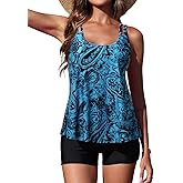 Yonique Womens Two Piece Swimsuits Tankini Top with Boy Shorts Tummy Control Bathing Suits Athletic Swimwear