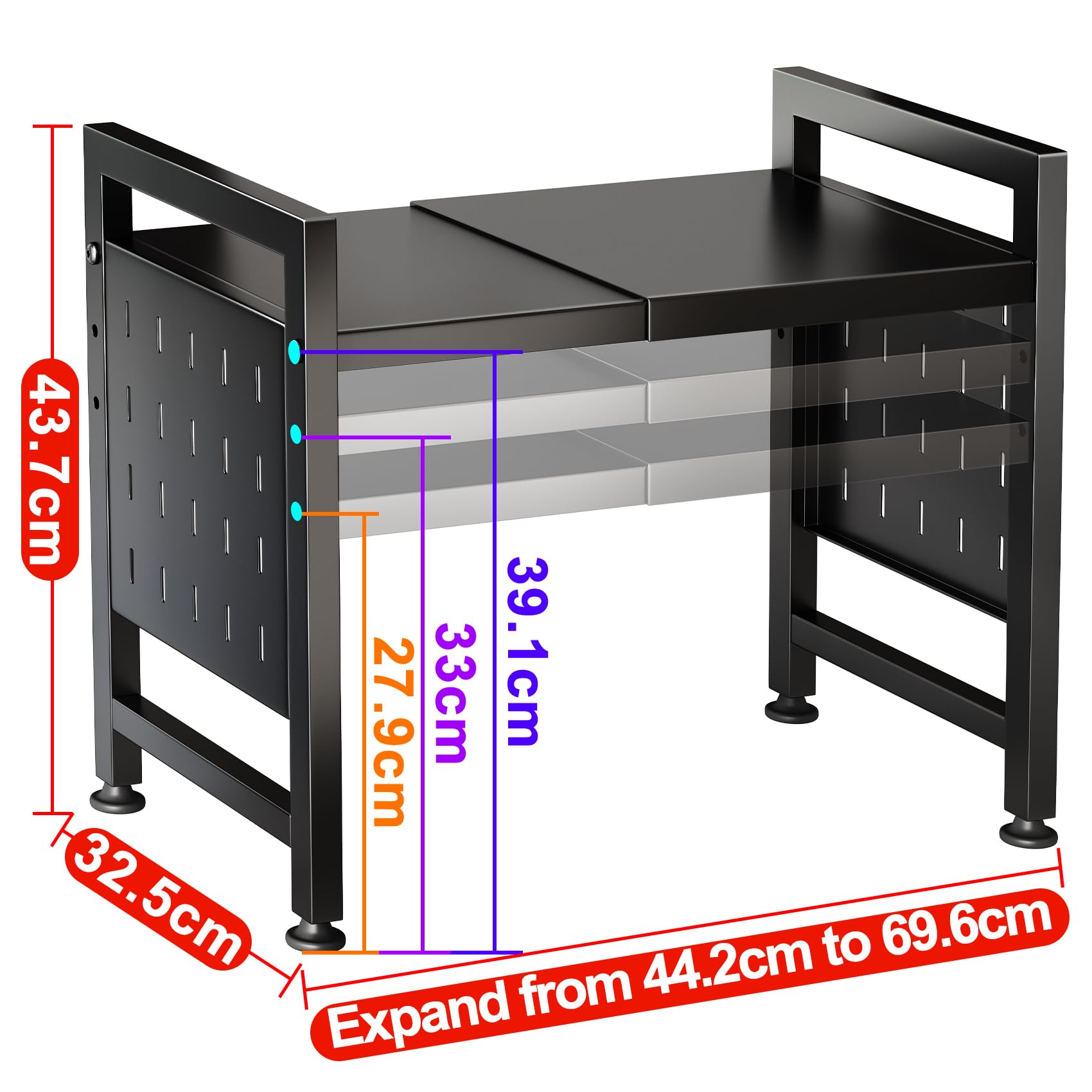 SAYZH Mikrowellen Regal, 2-stufiges Erweiterbares mikrowelle Regal Mikrowellenregal Organizer Küche mit 10 Haken, Flexibel Ausziehbar von 40-70cm, Stufiges Küchenregal mikrowellenständer, Schwarz 2