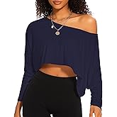 Off The Shoulder Crop Tops for Women Long Sleeve Crop Top Oversized Workout Boat Neck Summer Loose Casual T Shirt