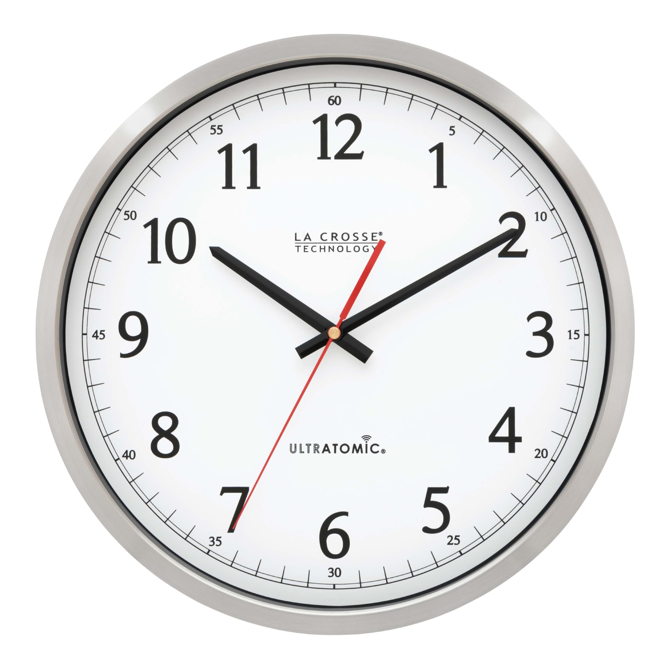 Photo 1 of La Crosse Technology 404-1235UA-PL UltrAtomic 14 inch Stainless Steel Wall Clock, Shatterproof Lens, Silver