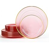 QualQuot 120PCS Pink Plastic Plates with Gold Rim, Heavy Duty Disposable Plate, Fancy and Elegant Circular Ribbed 60 Dinner and Dessert Plates for Party, Weddings