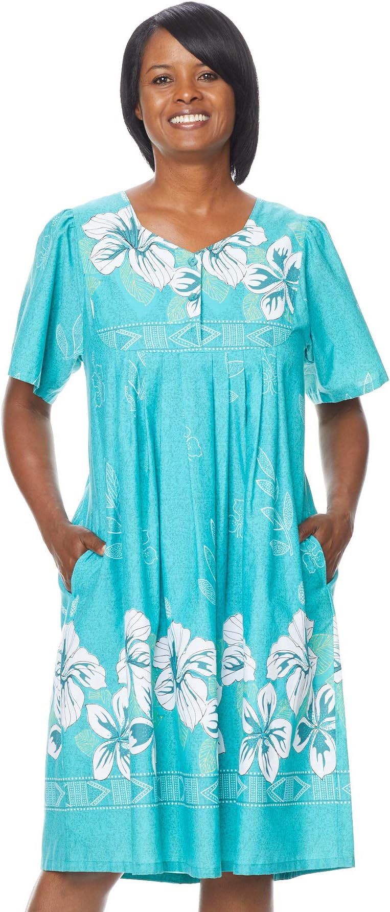 AmeriMark Womens Patio Dress Lounger Floral Print Border Short Sleeve & Pockets