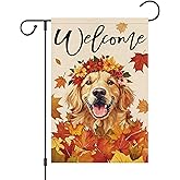 Wodison Welcome Fall Garden Flag 12x18 Inch Double Sided Outside Golden Retriever Dog Autumn Maple Leaves Yard Flags for Thanksgiving Farmhouse Outdoor Decoration