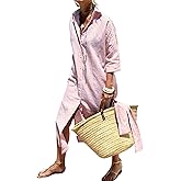 utcoco Womens 2026 Shirt Dress Casual Lapel 3/4 Sleeve Button Down Split Belted Vacation Maxi Dress