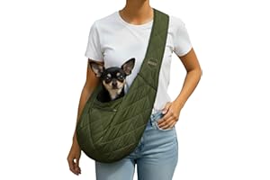 SUSU PET CO. Small Dog Carrier Sling – Olive Green Hands‑Free 2‑in‑1 Sling & Handheld Carrier for Toy Dogs 3-8 lb, Parachute‑Grade Rip‑Stop Nylon, 4″ Padded Strap, Safety Tether & Two Pockets
