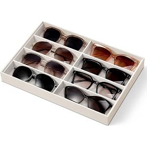 VLANDO Sunglasses Organizer,Stackable Jewelry Tray for Glasses,Beige | Removable Dividers, Soft Velvet Lining, Drawer Organiz