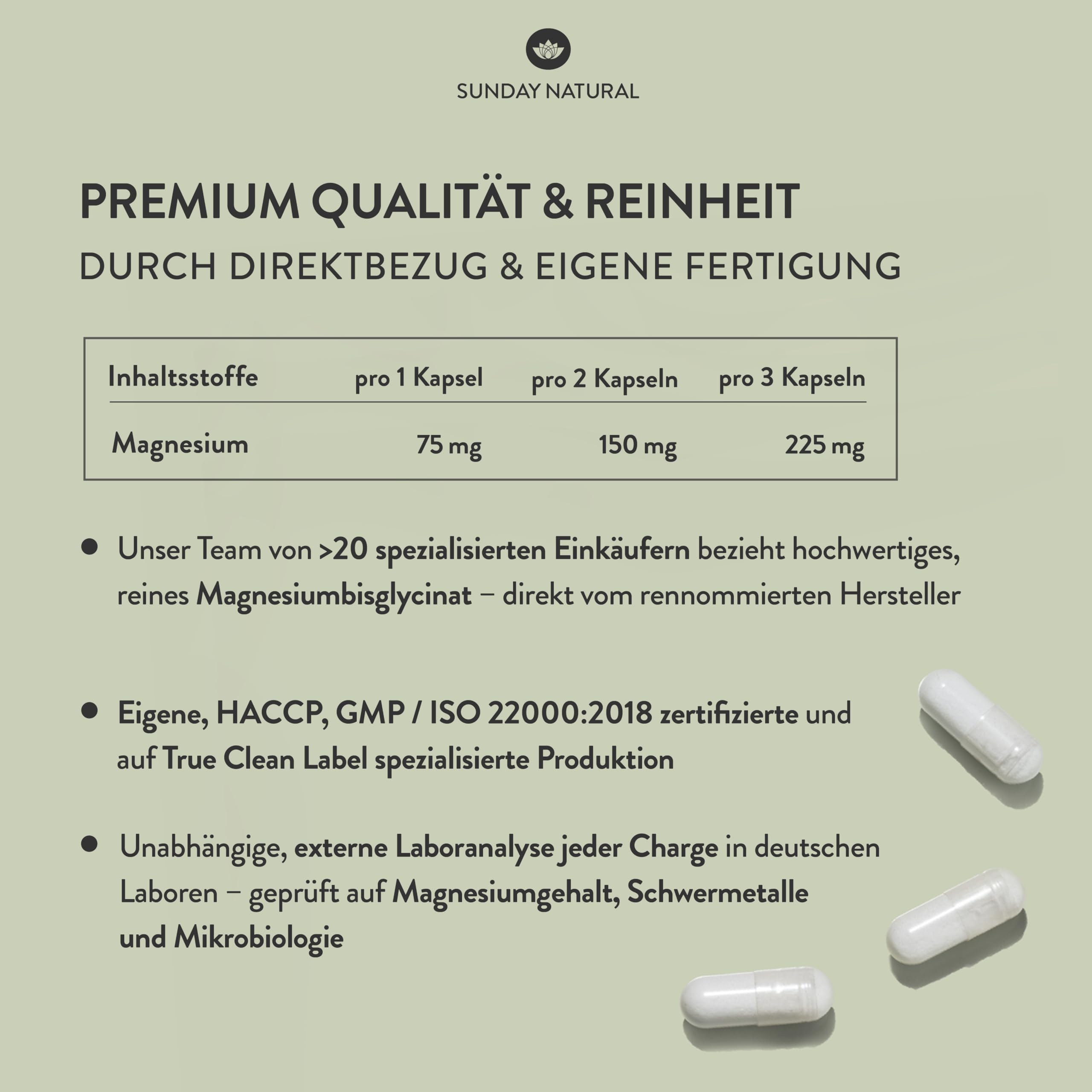 SUNDAY NATURAL® Magnesium Bisglycinat Premium - 240 Kapseln - 150mg reines Magnesium Glycinat Tagesdosis - Magnesiumglycinate als organisches Aminosäurechelat – Laborgeprüft, vegan 3
