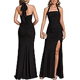 Women Bodycon Maxi Dress High Slit Halter Tie Ruched Long Formal Cocktail Wedding Guest Dresses