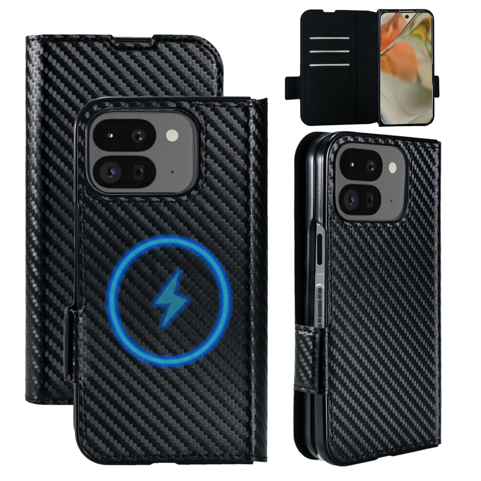 Photo 1 of Pefimt for Google Pixel 9 Pro Fold Wallet Case Compatible with MagSafe Strong Magnetic, Hinge Protection Carbon Fiber Texture Leather 3 Card Slots with RFID Blocking for Pixel Fold 2 Case Black