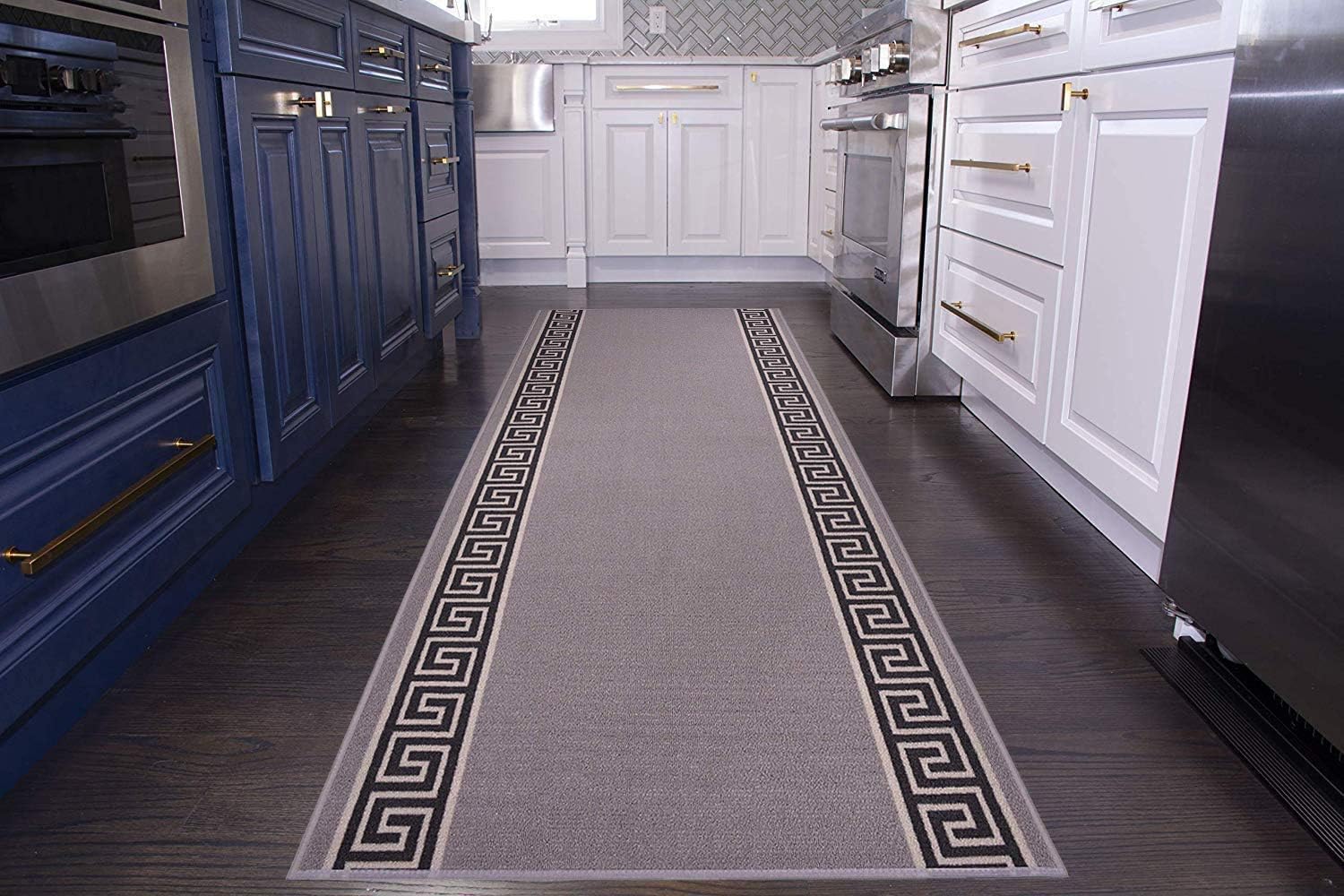 Custom Size Runner Rug Meander Greek Key Border Roll Runner 26 Inch Wide x Your Length Size Choice Slip Skid Resistant Rubber Back Cut to Size Many Color Options (Grey, 13 ft x 26 in)