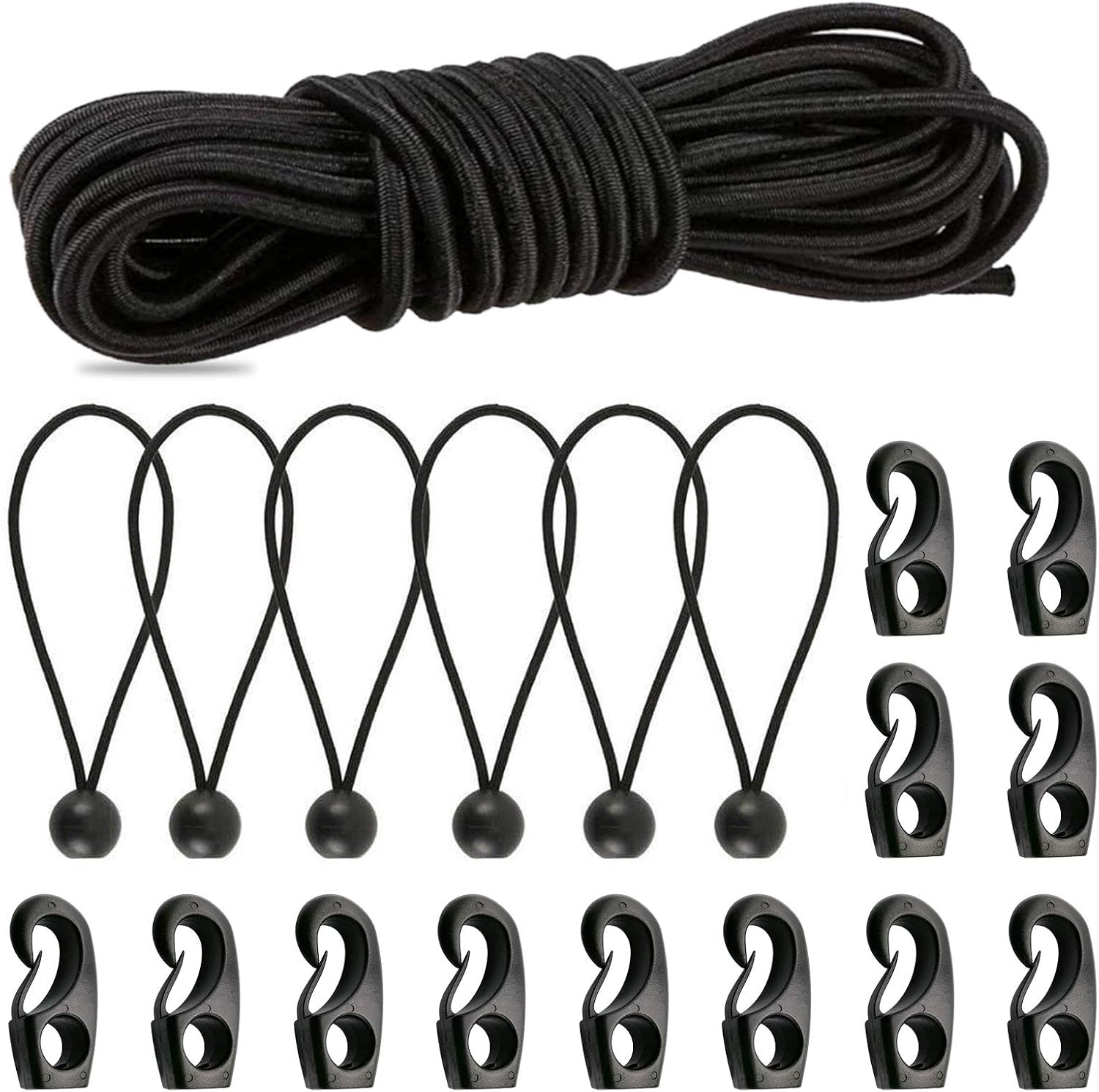 1/4'' Elastic Bungee Shock Cord, 26 Feet Adjustable Black Elastic Tie Down with 12 Bungee Shock Cord Hook and 6 Ball Bungee Cords for Roof Racks, Bikes, Kayaking, Camping (26 Feet) - - 