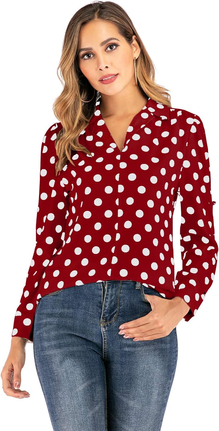 SHENGYI Women's Business Office Shirt Casual 3/4 Sleeve V Neck Polka Dot Blouse Tops