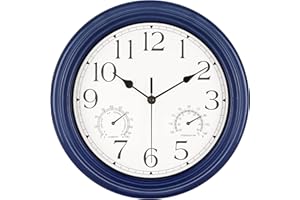 Mofine Outdoor Clocks for Patio Waterproof with Thermometer, Battery Operated Outdoor Wall Clock Silent Non Ticking, Small Outdoor Clock for Pool/Backyard/Lanai/Fence, 12 inch-Navy Blue