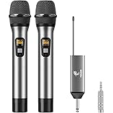 TONOR Wireless Microphone, 2 * 15 Channel Dual UHF Metal Cordless Handheld Mic System with Rechargeable Receiver, for Karaoke, Singing, Party, Wedding, DJ, Speech, 200ft, Silver, 2Mics