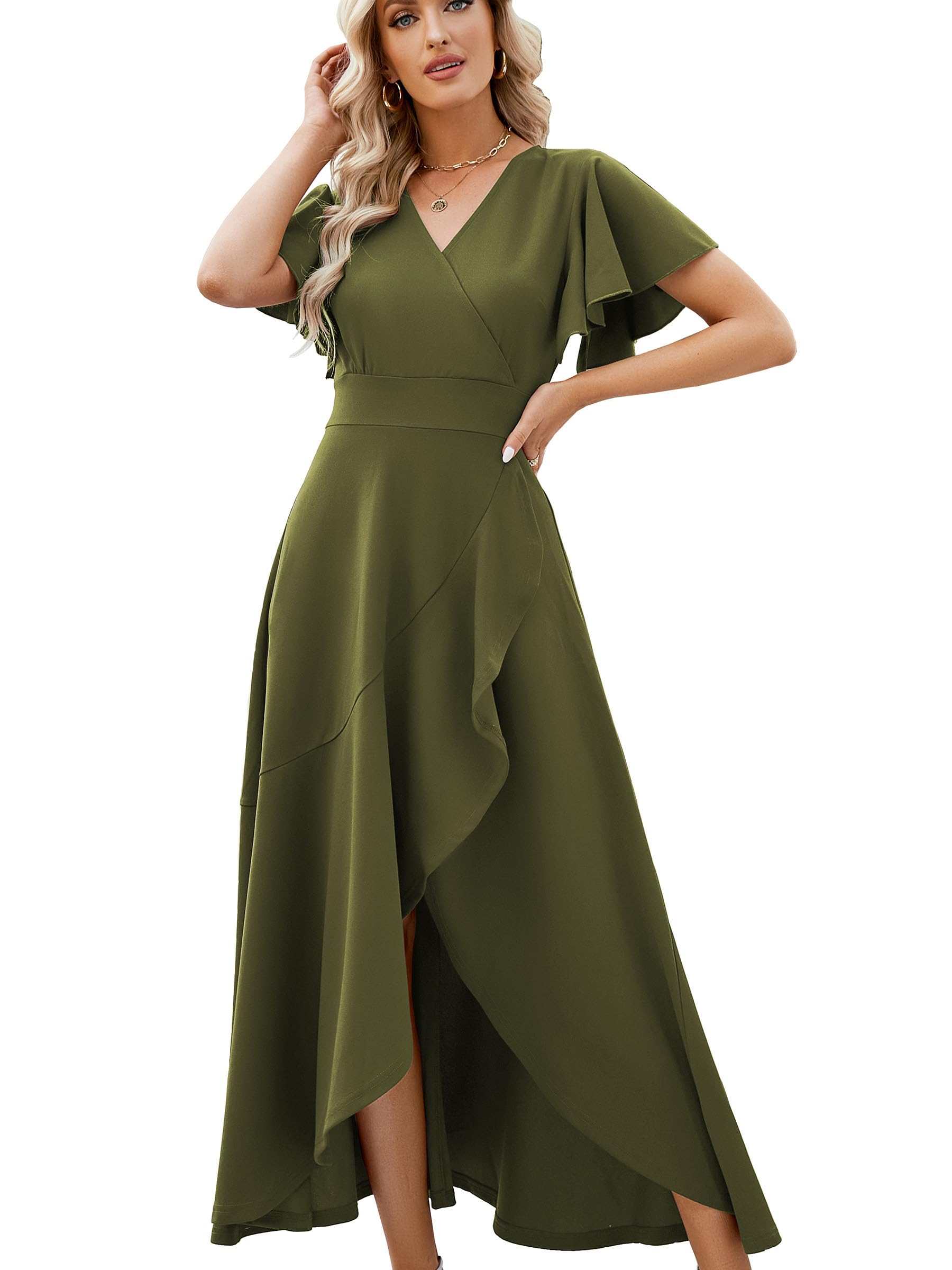 Photo 1 of (MEDIUM) (BAGGED) Formal Dresses for Women,Gowns Evening Party Cocktail Dress,Long Split Elegant V Neck Wrap Ruffle Wedding Guest A-line Dresses Olive Green-M