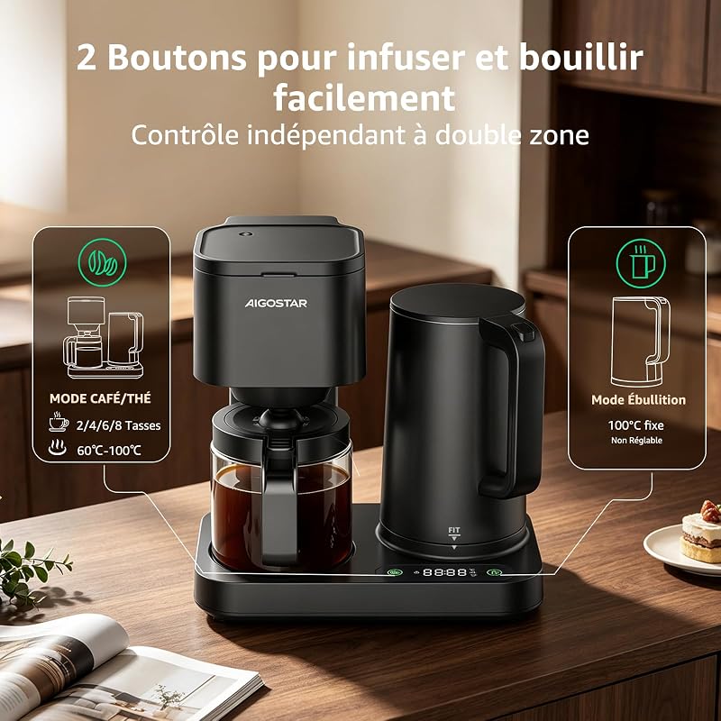Cafetière Filtre 3‑en‑1,8 Tasses, Temp.60‑100°C,Panneau Tactile LED