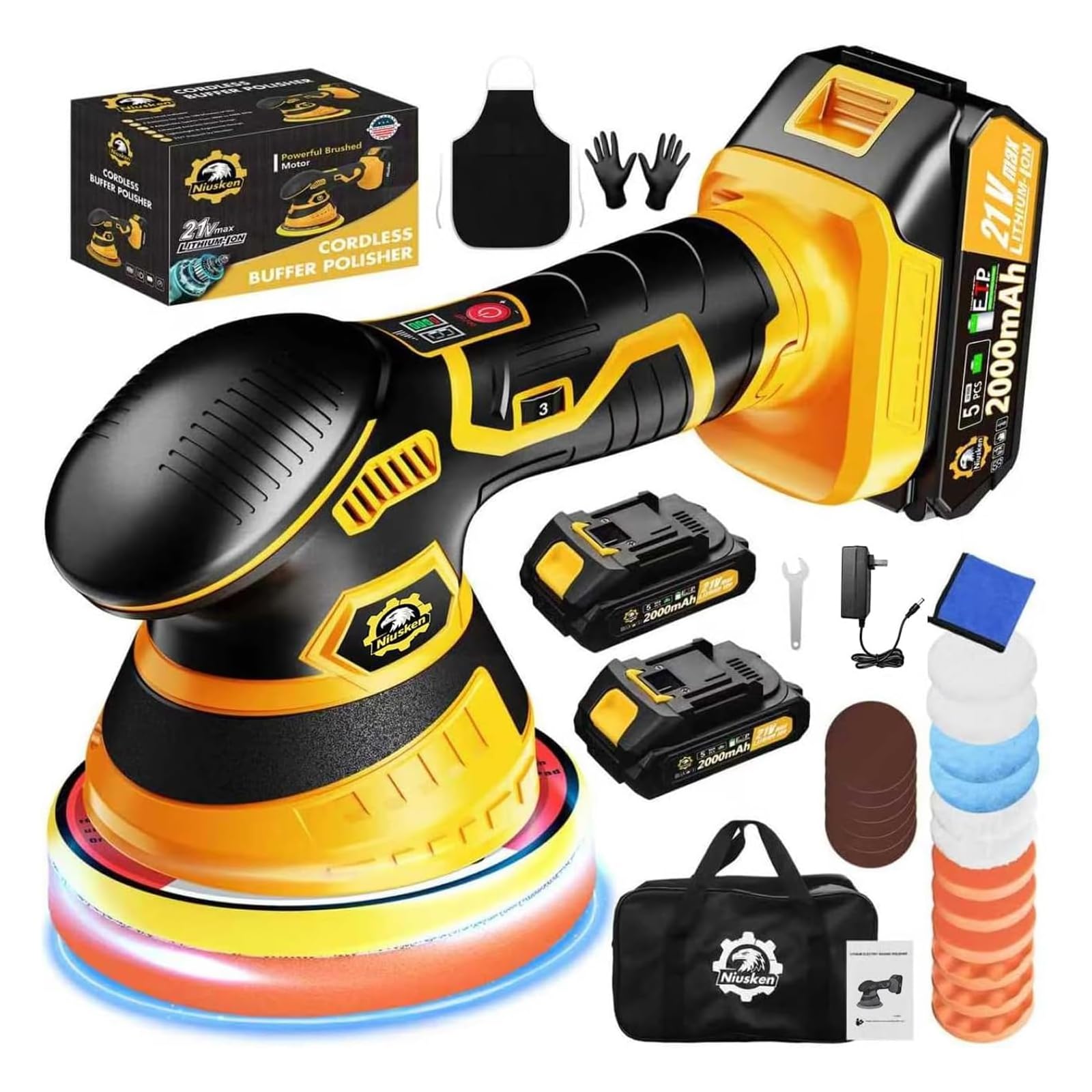 Photo 1 of **EVERYTHING WORKS GREAT** Niusken Cordless Car Buffer Polisher kit [2x 2000mAh 21V Batteries & 18 PCS Attachments] 6-Speed Orbital Design, LED Display, 6 Inch Lightweight Detailing Tool for Waxing, Polishing & Scratch Removal