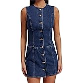 EZAPINE Women's Denim Mini Dress Sleeveless Crewneck Button Up Bodycon Stretchy Casual Jean Tank Dresses