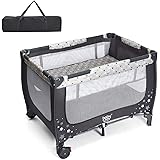 BABY JOY Foldable Baby Playard, Double Layer Pack n Play with Breathable Mattress, Universal Brake Wheel, Lightweight Install