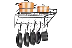 TORIBIO Wall Pot Rack with 15 S Hooks, Wall Mount Hanging Pot Rack, Kitchen Utensils Hanging Shelf Kitchen Pot and Pan Organi