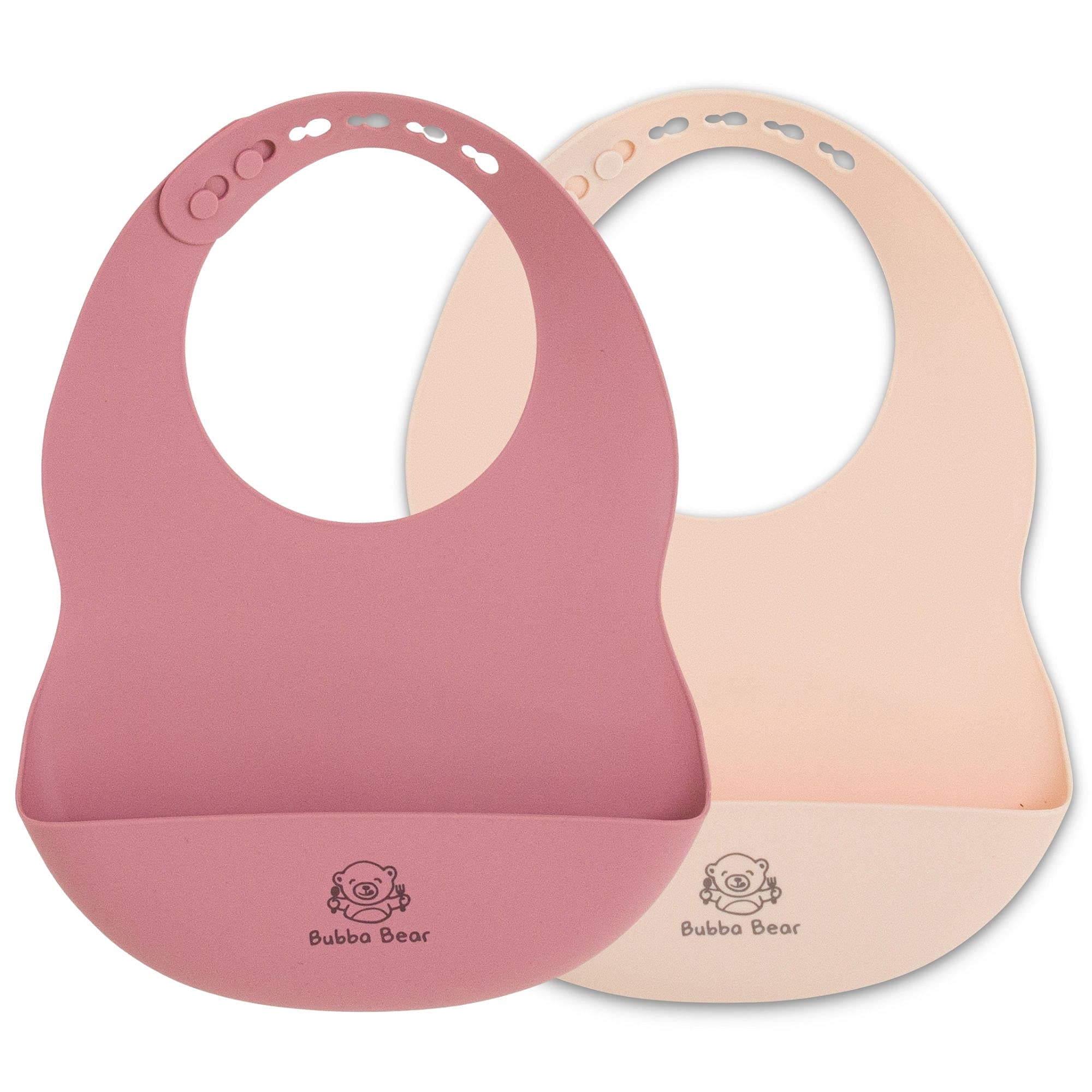 Bubba Bear ® Silicone Baby Bib Set | Waterproof Bibs for Weaning | Adjustable Neck & East to Clean | Soft for Teething with food catcher for Feeding (Blush & Sand)