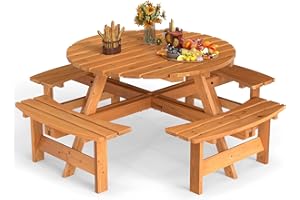 HAPPYGRILL 8-Person Wood Picnic Table Bench Set, Round Camping Table w/Umbrella Hole, Circular Outdoor Table w/4 Built-in Cur