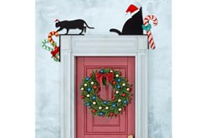 Wesiti 2 Pcs Christmas Door Topper Black Cat Candy Cane Decor Funny Door Corner Sign Decor Home Wooden Christmas Cabinet Knob Covers Party Ornament Props Gift for Wall Window DIY