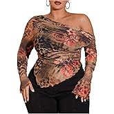 WDIRARA Women's Plus Size Leopard Print Off Shoulder T Shirt Ruched Bandana Hem Long Sleeve Tee