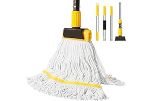 KELEEKELIN Professional Commercial Mop Industrial Heavy Duty Mop with 54" Long Handle ,Wet Mop for Home,Workshop,Garage Floors Cleaning,with 53'' Stainless Steel Mop Handle,Yellow