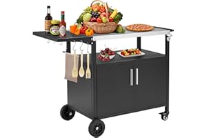 OUTGUAVA Outdoor Grill Cart with Storage Cabinet Movable Pizza Oven Table Bar Cart Patio BBQ Kitchen Food Prep Table Cart Storage Cabinet for Outside Patio Backyard Garden