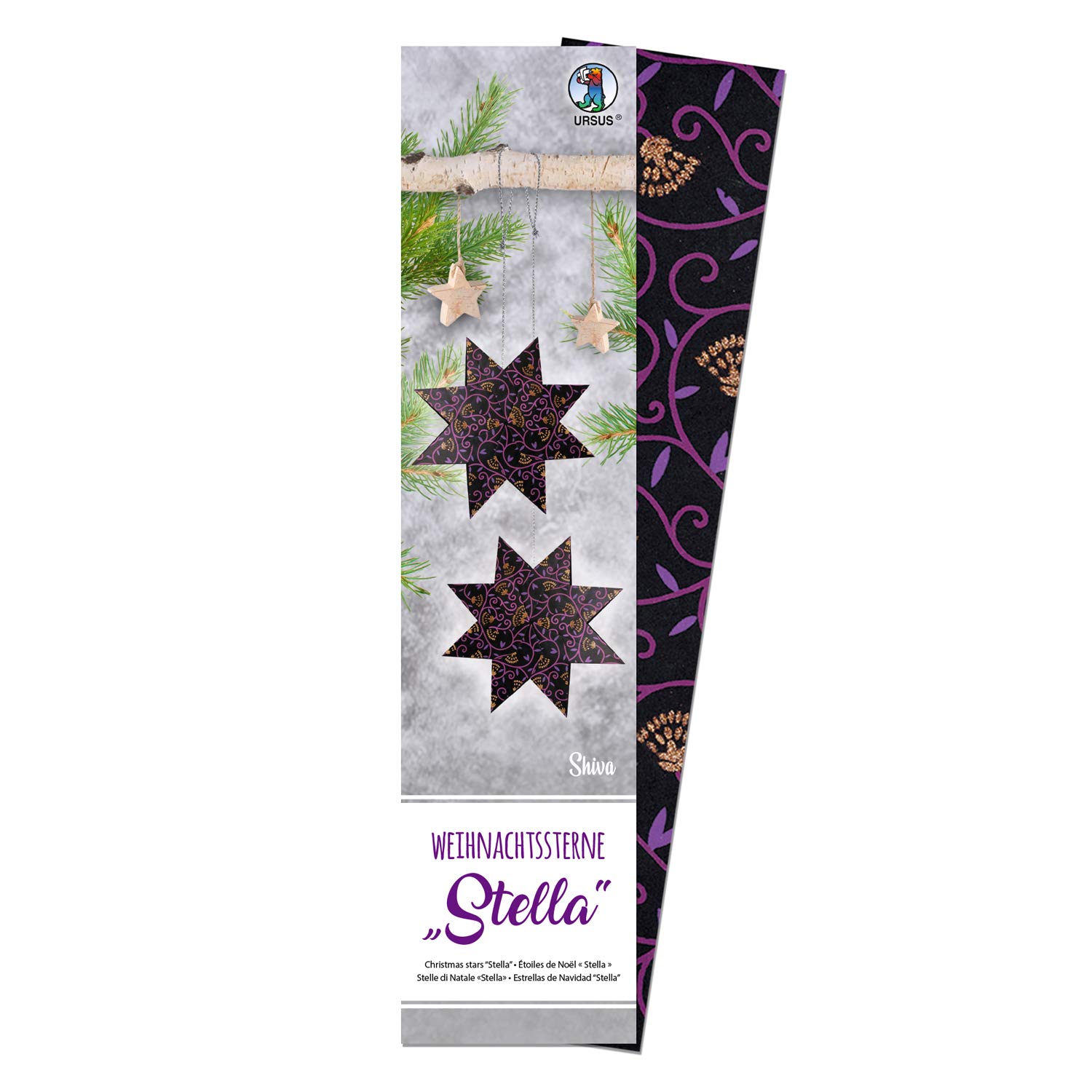 URSUS Stella Shiva Poinsettia Black/Purple/Copper 110 g Approx. 7 x 30 cm, 33 Sheets, Printed, Finished on one Side with Glitter, Including Folding Instructions (English Language not