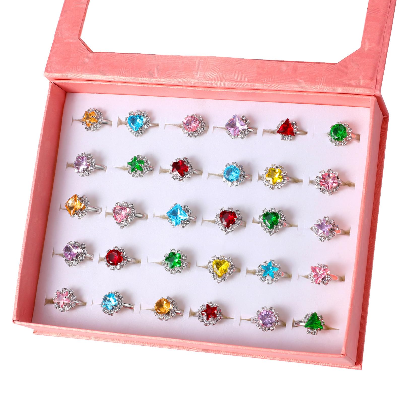 PinkSheep Jewel Rings for Kids 24pc Adjustable No duplication Girl Pretend Play and Dress Up Rings