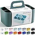 Multiuse Caddy Organizer with Handle - Stackable Plastic Tote Bin - Art Craft Supplies, Office, Desk, Stationery Pen Holder, Kitchen, Utensil, Makeup, Bathroom, Shower, Cleaning, Dorm Organizer - Cyan