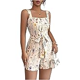 SOLY HUX Women's Boho Print Wide Leg Short Jumpsuits Summer Square Neck Belted Vacation Romper
