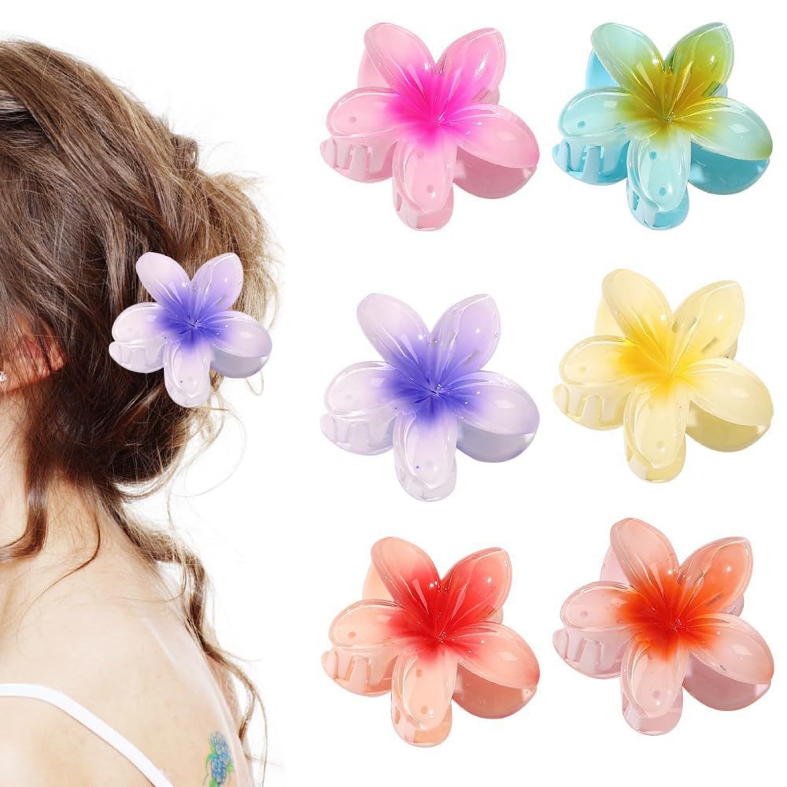 Aucuu 6 Pcs Nonslip Flower Claw Clips, Strong Hold Hawaiian Claw Clip, Acrylic Hair Clip for Medium Thick Hair, Plumeria Flower Hair Claw Clips, Hawaii Hair Accessories for Women and Girls