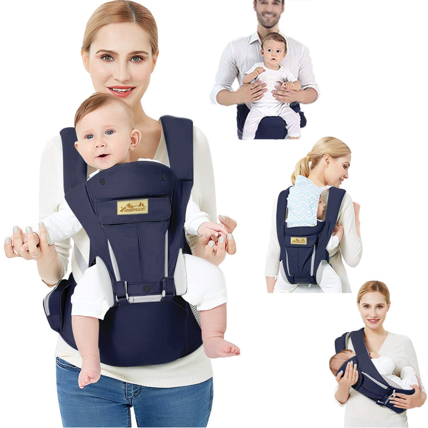 Viedouce Baby Carrier Ergonomic with Hip Seat/Pure Cotton Lightweight and Breathable/Multiposition:Dorsal, Ventral, Adjustable for Newborn and Toddler 3 to 48 Month (3.5 to 20 kg)