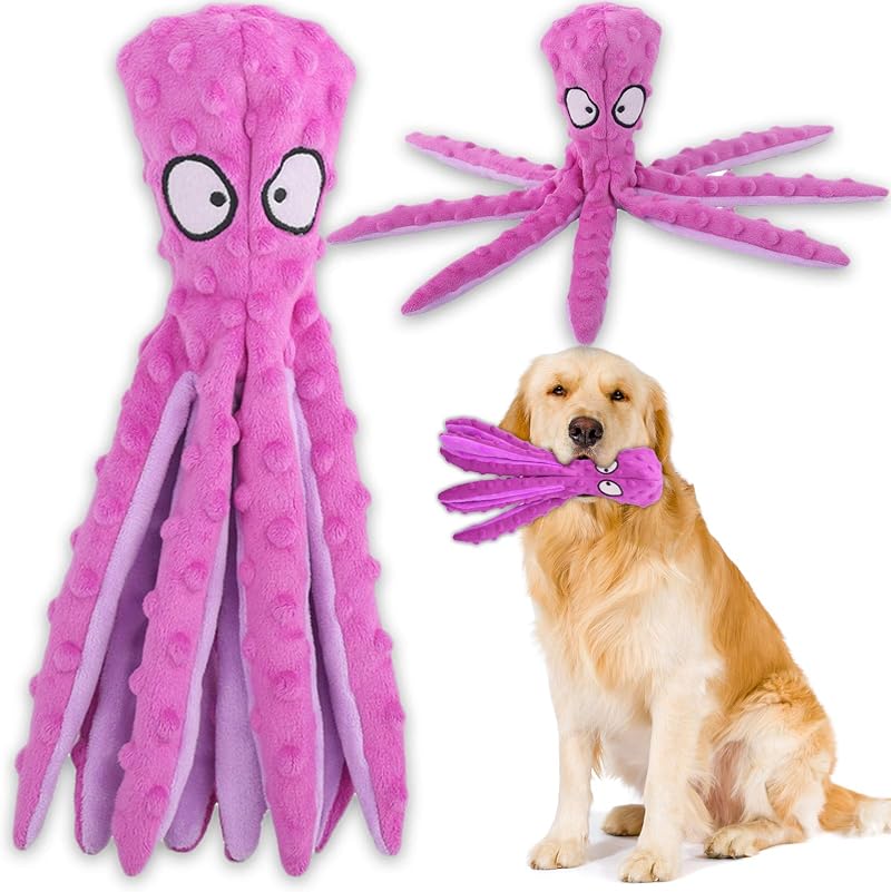 Acehome Squeaky No Stuffing Octopus Dog Toy with Crinkle Paper