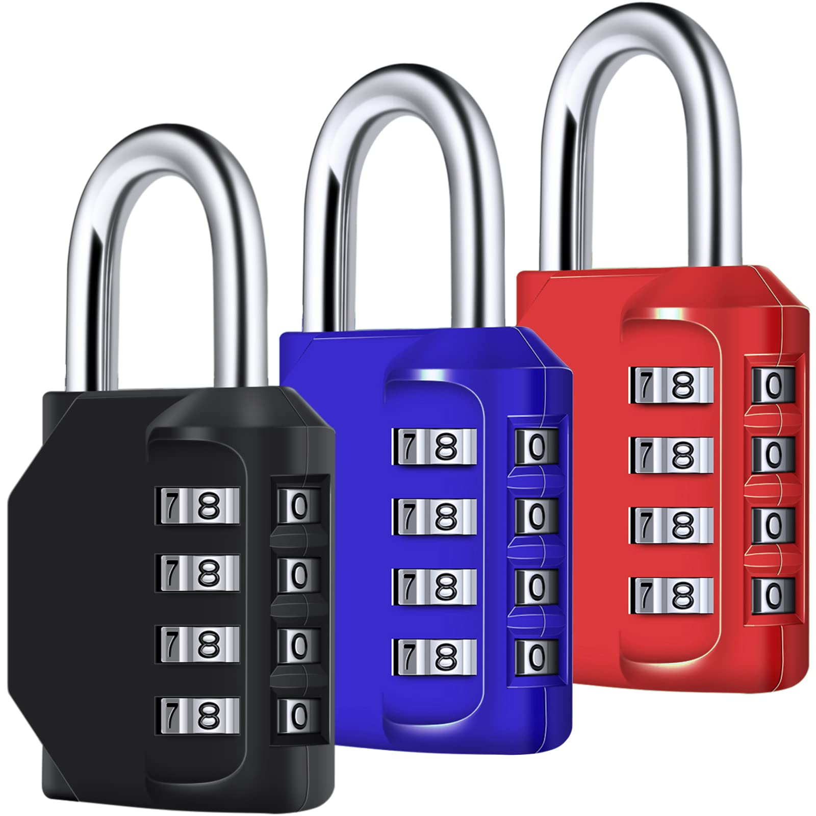 Combination Padlock, [3 Pack] Diyife 4 Digit Lock Combination, Padlock Weatherproof Outdoor for School Gym Locker, Shed, Fence, Hasp, Garage(Black&Red& Blue — image 1