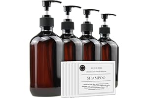 FOOCHY Empty Plastic Bottles with Pump Dispenser and Labels Included, Refillable Travel Containers for Hand sanitizer Shampoo Lotion, etc - BPA/Paraben Free, 500ml/16.9oz (Amber, 4 Pack)