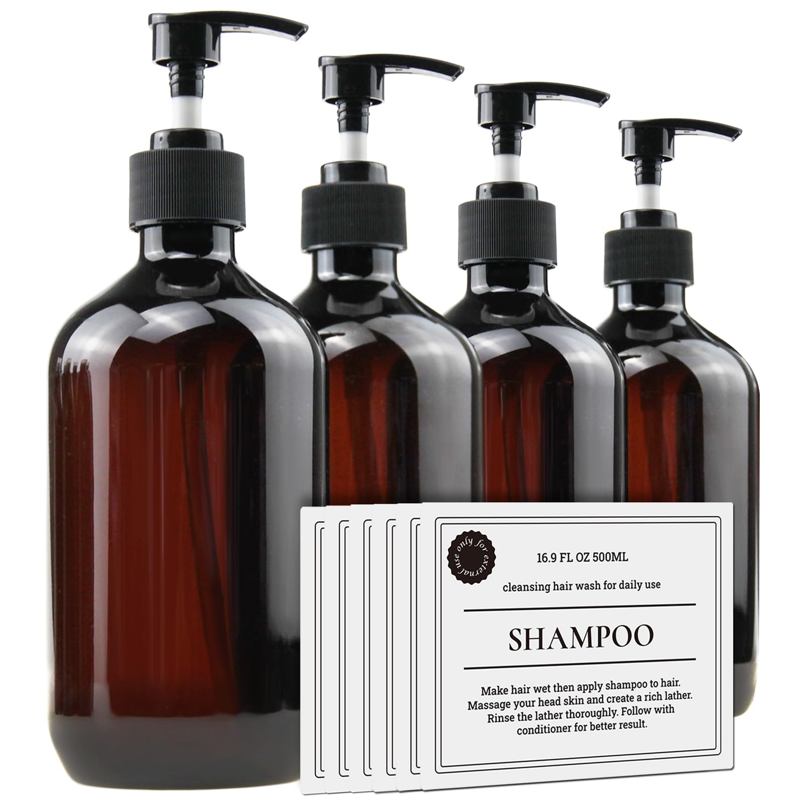 Empty Plastic Bottles with Pump Dispenser and 6pcs Labels Included, Refillable Travel Containers for Hand sanitizer Shampoo Lotion, etc - BPA/Paraben Free, 500ml/16.9oz (4 Pack)