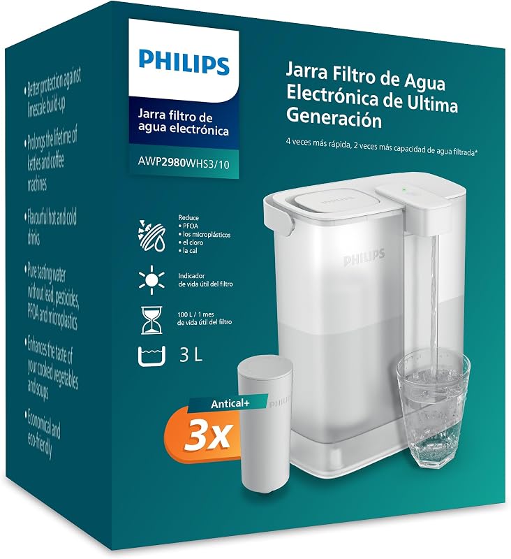 Philips Water Instant Water Filter, 3 cartuchos de filtro de substituição SOFTENING+, até 50% mais redução de cal, capacidade de 3 litros, fluxo rápido de 1 l/min, recarregável via USB-C — foto 1 de 8