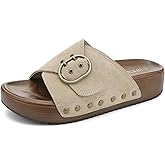UBFEN Womens Platform Sandals Slides Genuine Leather Adjustable Buckle and Cushion Footbed Comfortable Slip On Retro Shoes